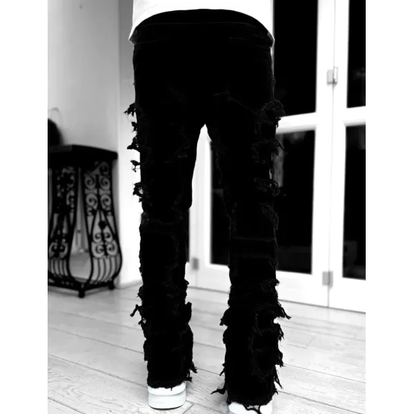 IDEALSANXUN Stacked Jeans Men Designer Slim Fit Skinny Ripped Jeans Tassel Hip Hop Denim PantsBlack