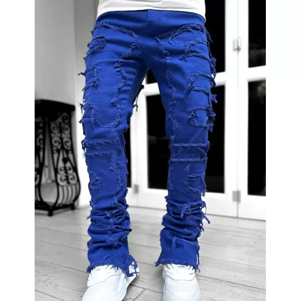 IDEALSANXUN Stacked Jeans Men Designer Slim Fit Skinny Ripped Jeans Tassel Hip Hop Denim PantsBlue