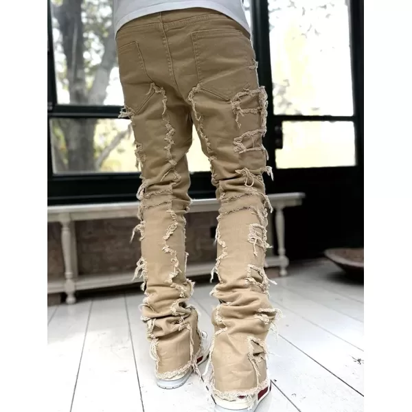IDEALSANXUN Stacked Jeans Men Designer Slim Fit Skinny Ripped Jeans Tassel Hip Hop Denim PantsDark Khaki