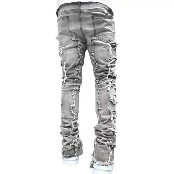 IDEALSANXUN Stacked Jeans Men Designer Slim Fit Skinny Ripped Jeans Tassel Hip Hop Denim PantsGrey