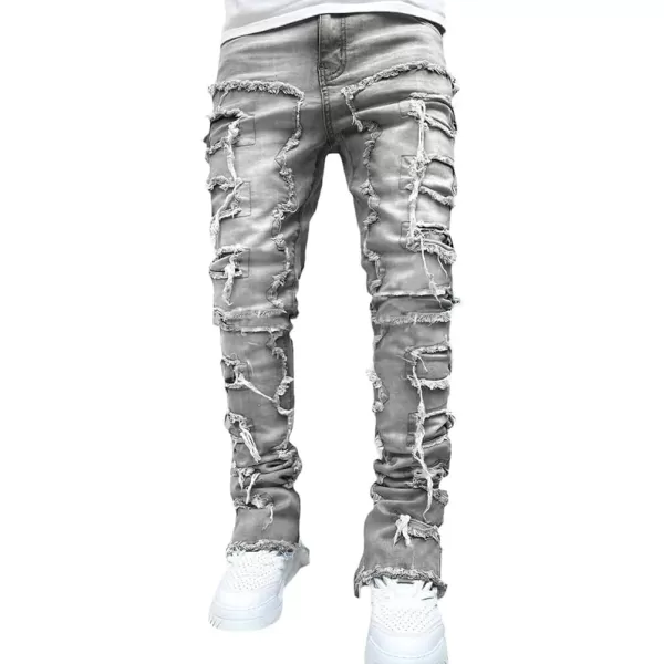 IDEALSANXUN Stacked Jeans Men Designer Slim Fit Skinny Ripped Jeans Tassel Hip Hop Denim PantsGrey