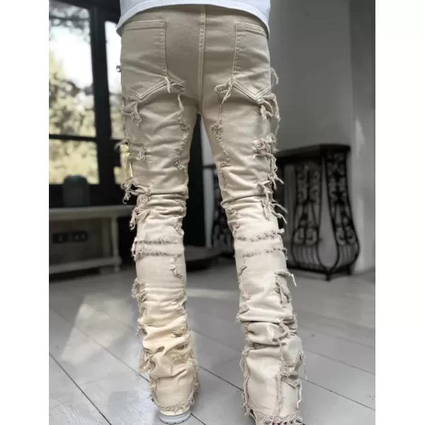 IDEALSANXUN Stacked Jeans Men Designer Slim Fit Skinny Ripped Jeans Tassel Hip Hop Denim PantsKhaki