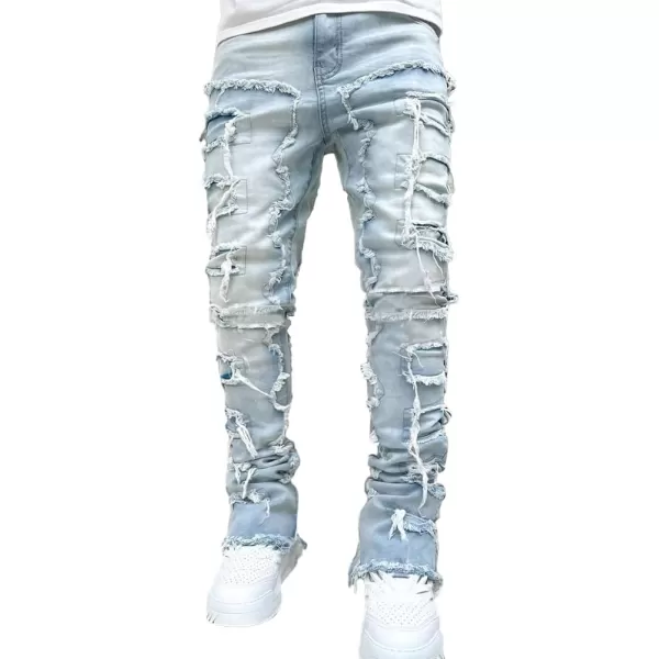 IDEALSANXUN Stacked Jeans Men Designer Slim Fit Skinny Ripped Jeans Tassel Hip Hop Denim PantsLight Blue