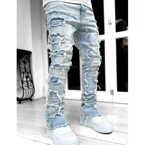 IDEALSANXUN Stacked Jeans Men Designer Slim Fit Skinny Ripped Jeans Tassel Hip Hop Denim PantsLight Blue