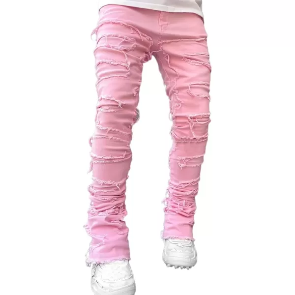 IDEALSANXUN Stacked Jeans Men Designer Slim Fit Skinny Ripped Jeans Tassel Hip Hop Denim PantsPink