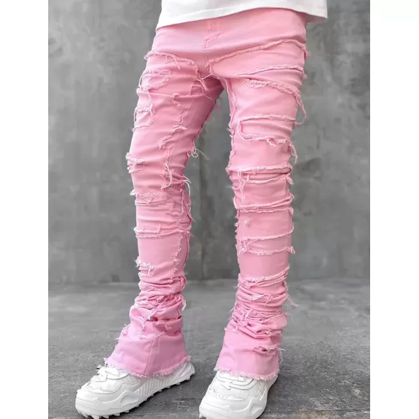 IDEALSANXUN Stacked Jeans Men Designer Slim Fit Skinny Ripped Jeans Tassel Hip Hop Denim PantsPink
