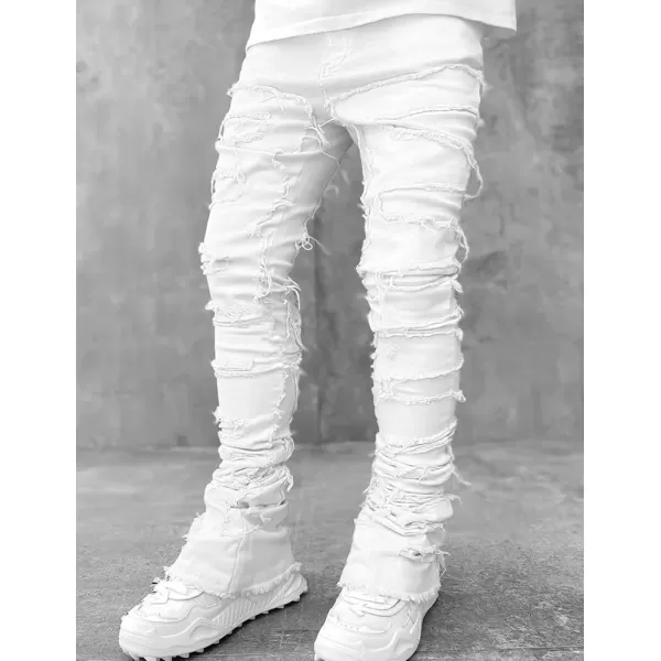 IDEALSANXUN Stacked Jeans Men Designer Slim Fit Skinny Ripped Jeans Tassel Hip Hop Denim PantsWhite