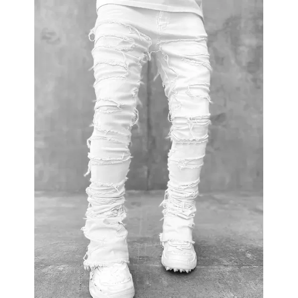 IDEALSANXUN Stacked Jeans Men Designer Slim Fit Skinny Ripped Jeans Tassel Hip Hop Denim PantsWhite