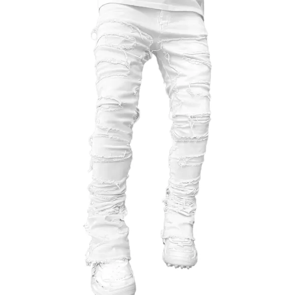 IDEALSANXUN Stacked Jeans Men Designer Slim Fit Skinny Ripped Jeans Tassel Hip Hop Denim PantsWhite