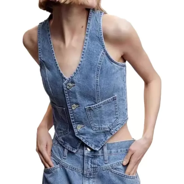 IDEALSANXUN Womens Cropped Denim Vest Tops Casual Button Down Jean VestBlue