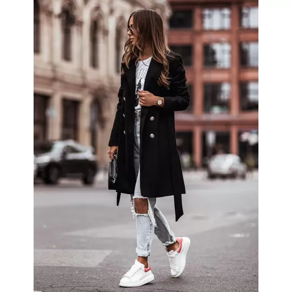 IDEALSANXUN Womens Double Breasted Wool Coat Casual Midi Fall Winter Wool Jackets with BeltBlack