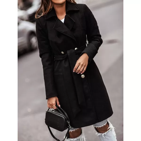 IDEALSANXUN Womens Double Breasted Wool Coat Casual Midi Fall Winter Wool Jackets with BeltBlack