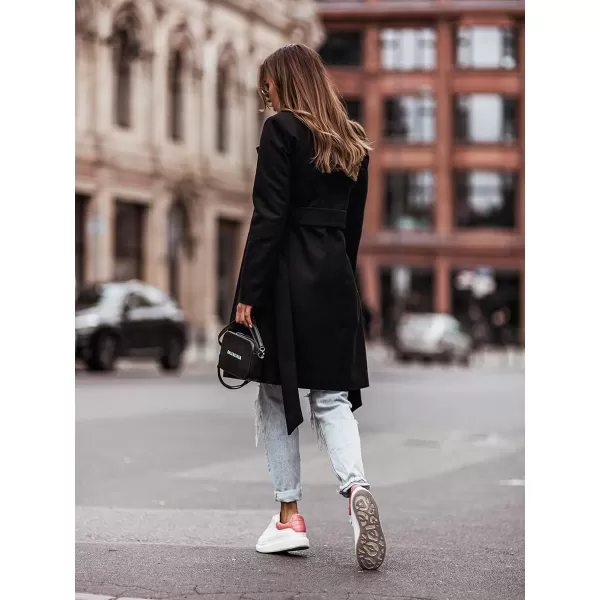 IDEALSANXUN Womens Double Breasted Wool Coat Casual Midi Fall Winter Wool Jackets with BeltBlack