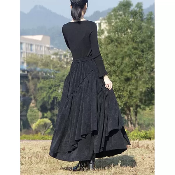 IDEALSANXUN Womens High Waist Aline Corduroy Flared Pleated Long SkirtsBlack