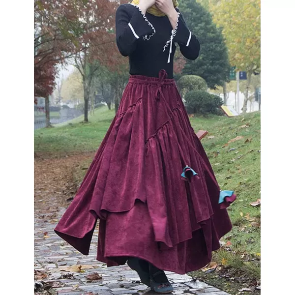 IDEALSANXUN Womens High Waist Aline Corduroy Flared Pleated Long SkirtsWine