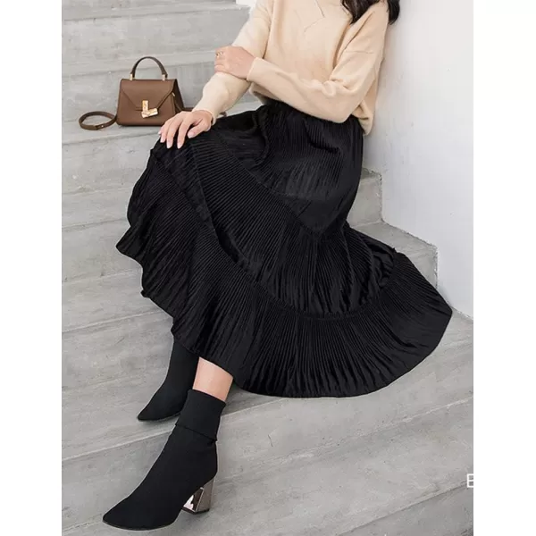 IDEALSANXUN Womens High Waist Pleuche Pleated Flared Swing Midi SkirtsBlack