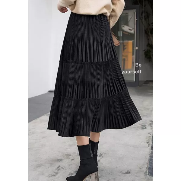 IDEALSANXUN Womens High Waist Pleuche Pleated Flared Swing Midi SkirtsBlack