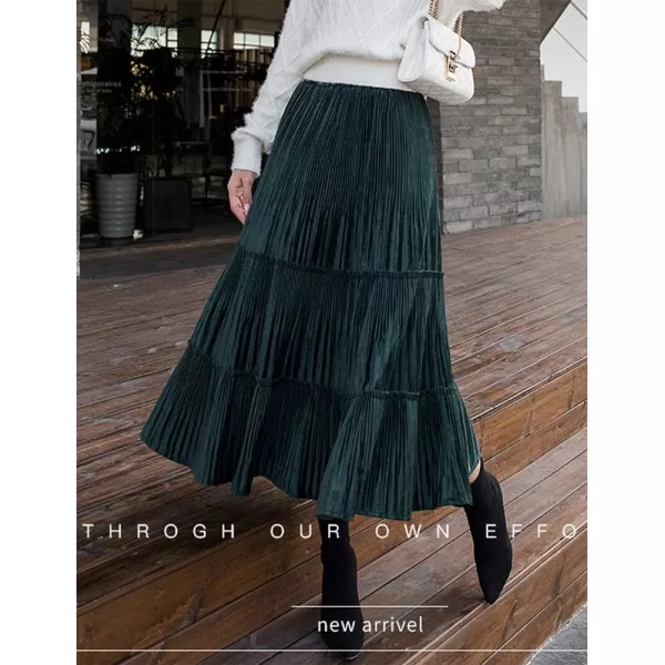 IDEALSANXUN Womens High Waist Pleuche Pleated Flared Swing Midi SkirtsGreen
