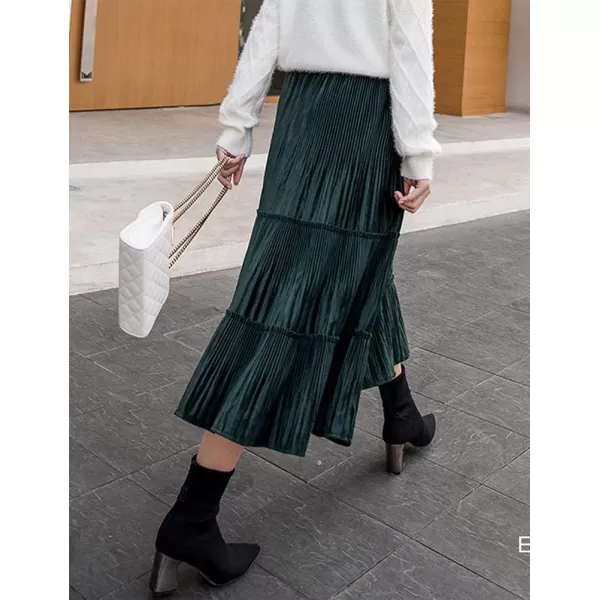 IDEALSANXUN Womens High Waist Pleuche Pleated Flared Swing Midi SkirtsGreen