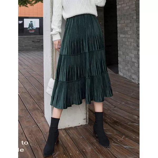 IDEALSANXUN Womens High Waist Pleuche Pleated Flared Swing Midi SkirtsGreen
