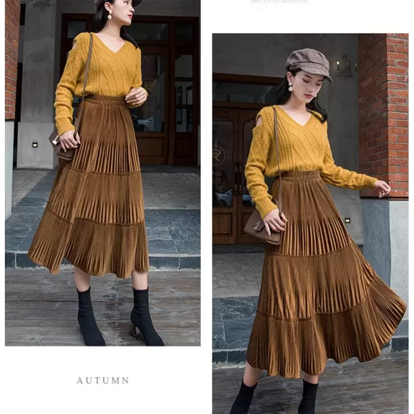 IDEALSANXUN Womens High Waist Pleuche Pleated Flared Swing Midi SkirtsKhaki