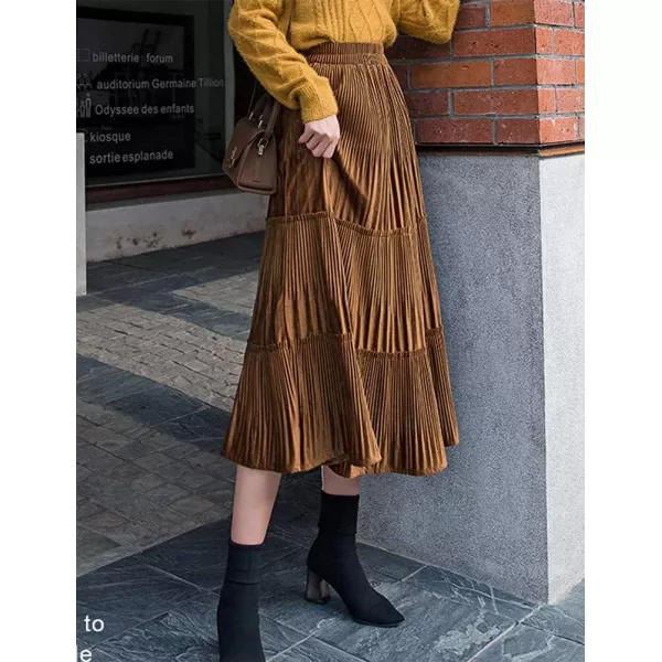 IDEALSANXUN Womens High Waist Pleuche Pleated Flared Swing Midi SkirtsKhaki