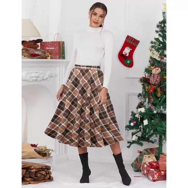 IDEALSANXUN Womens Plaid Skirt Elastic Waist Aline Midi Pleated SkirtsBrown