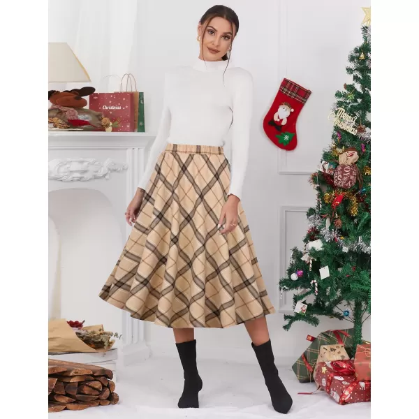 IDEALSANXUN Womens Plaid Skirt Elastic Waist Aline Midi Pleated SkirtsKhaki D39