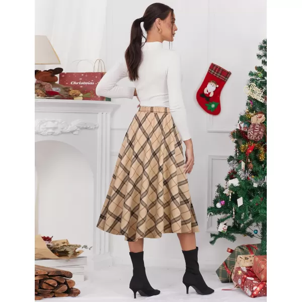 IDEALSANXUN Womens Plaid Skirt Elastic Waist Aline Midi Pleated SkirtsKhaki D39