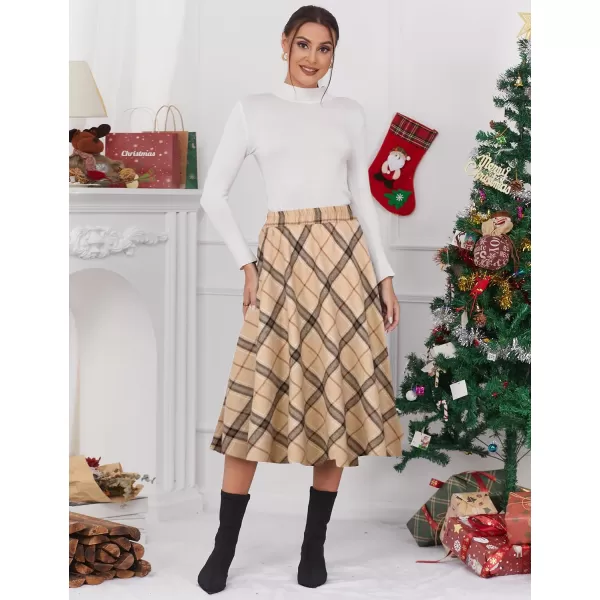 IDEALSANXUN Womens Plaid Skirt Elastic Waist Aline Midi Pleated SkirtsKhaki D39