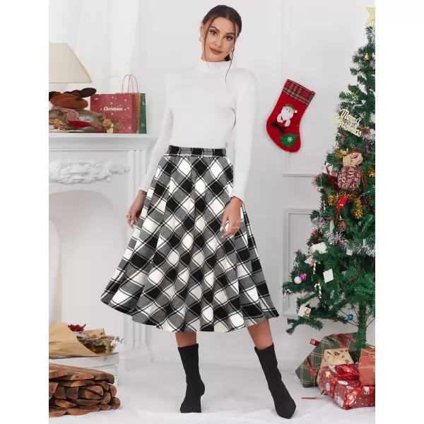 IDEALSANXUN Womens Plaid Skirt Elastic Waist Aline Midi Pleated SkirtsPlaid Blackampwhite