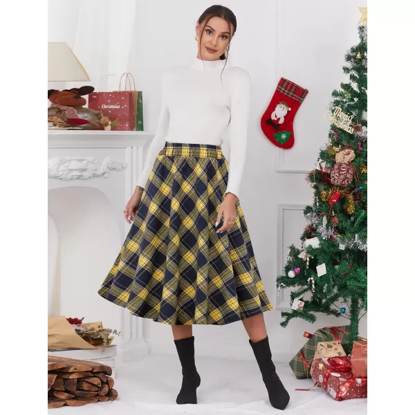 IDEALSANXUN Womens Plaid Skirt Elastic Waist Aline Midi Pleated SkirtsYellow New