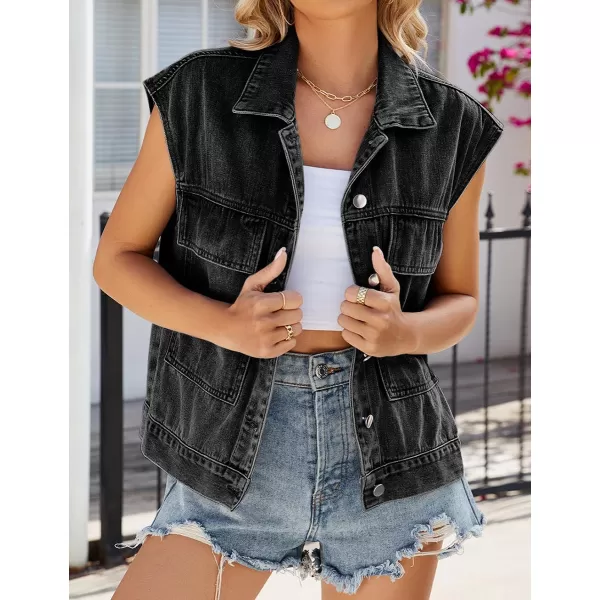 IDEALSANXUN Womens Sleeveless Denim Jackets Casual Oversized Jean Vest TopsBlack