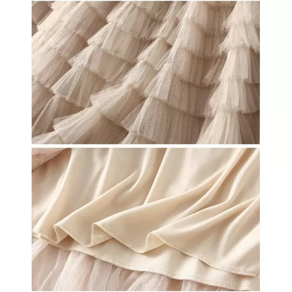 Womens Layered Ruffles Tulle Pleated Skirt High Waist Fluffy Fairy Party Long SkirtBeige