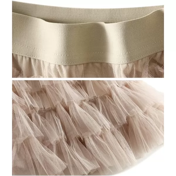 Womens Layered Ruffles Tulle Pleated Skirt High Waist Fluffy Fairy Party Long SkirtBeige