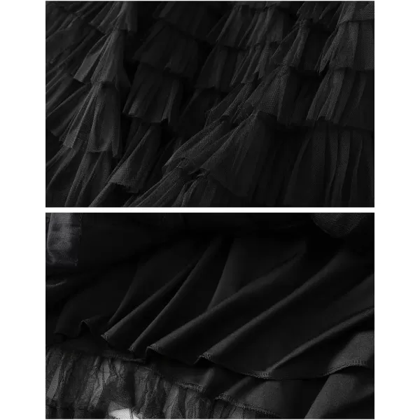 Womens Layered Ruffles Tulle Pleated Skirt High Waist Fluffy Fairy Party Long SkirtBlack