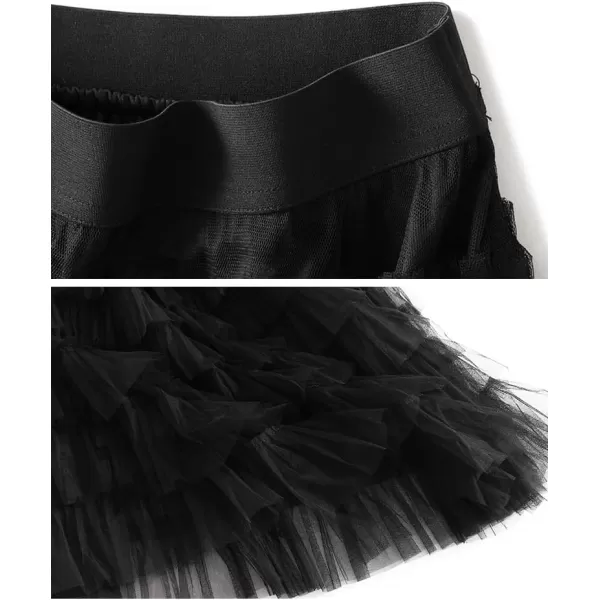 Womens Layered Ruffles Tulle Pleated Skirt High Waist Fluffy Fairy Party Long SkirtBlack