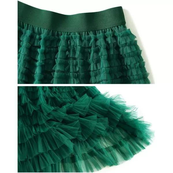 Womens Layered Ruffles Tulle Pleated Skirt High Waist Fluffy Fairy Party Long SkirtDark Green