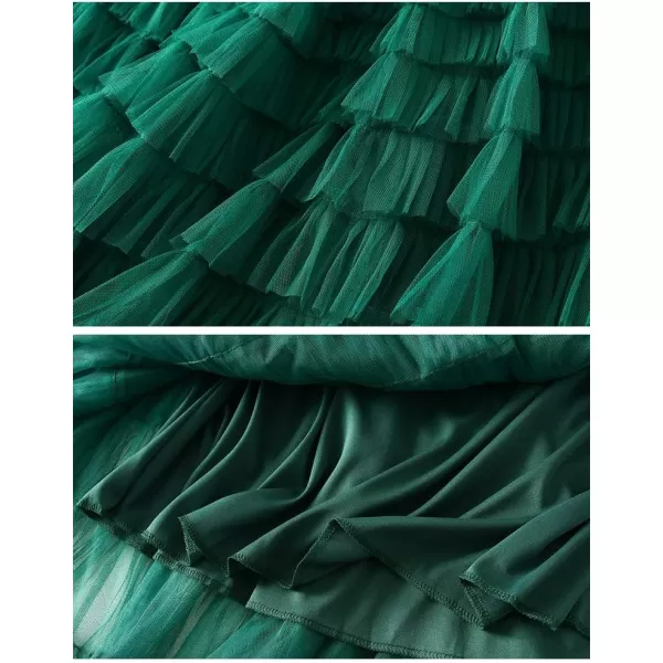 Womens Layered Ruffles Tulle Pleated Skirt High Waist Fluffy Fairy Party Long SkirtDark Green