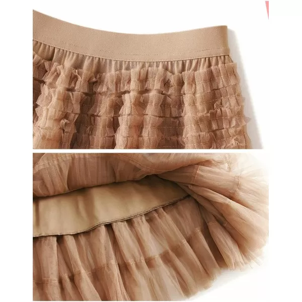 Womens Layered Ruffles Tulle Pleated Skirt High Waist Fluffy Fairy Party Long SkirtLight Khaki