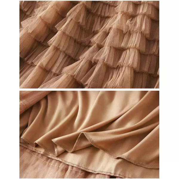 Womens Layered Ruffles Tulle Pleated Skirt High Waist Fluffy Fairy Party Long SkirtLight Khaki