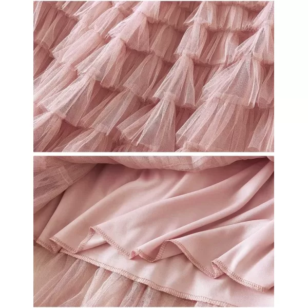 Womens Layered Ruffles Tulle Pleated Skirt High Waist Fluffy Fairy Party Long SkirtPink