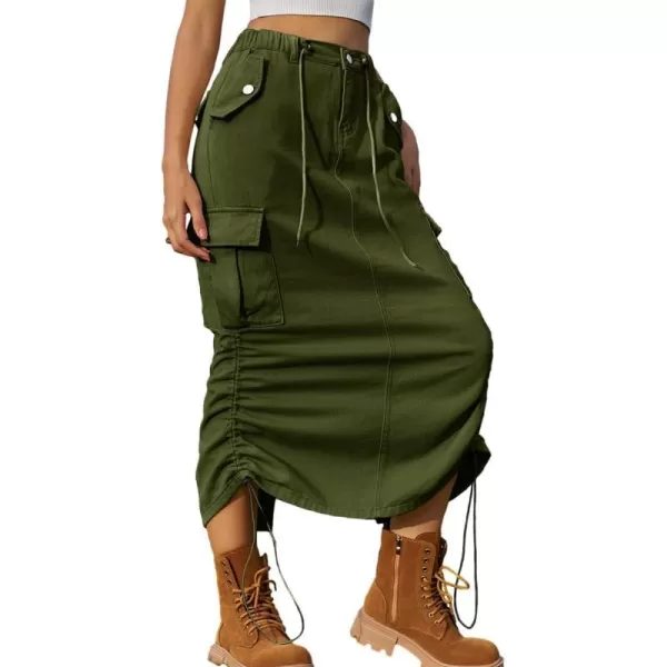 IDEALSANXUN Denim Cargo Skirt for Women 2023 Y2K High Waisted Drawstring Elastic Pencil Long Jean Skirts with Flap PocketArmy Green