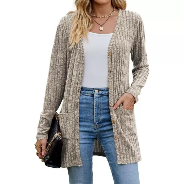 IDEALSANXUN Long Sweater Cardigan for Women V Neck Button Up Long Sleeve Ribbed Bodysuit Knit Sweater Jacket CoatKhaki