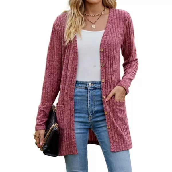 IDEALSANXUN Long Sweater Cardigan for Women V Neck Button Up Long Sleeve Ribbed Bodysuit Knit Sweater Jacket CoatWine