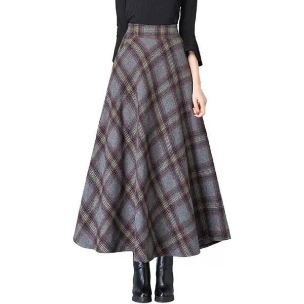 IDEALSANXUN Long Wool Plaid Skirts for Women 2023 Fall Winter A Line Flared Maxi Skirts2grey