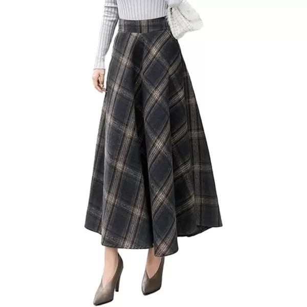 IDEALSANXUN Long Wool Plaid Skirts for Women 2023 Fall Winter A Line Flared Maxi Skirts2navy