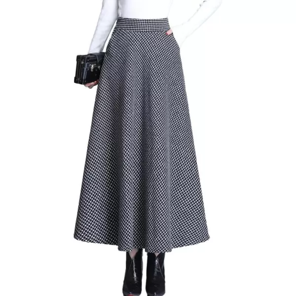 IDEALSANXUN Long Wool Plaid Skirts for Women 2023 Fall Winter A Line Flared Maxi SkirtsBlackwhite