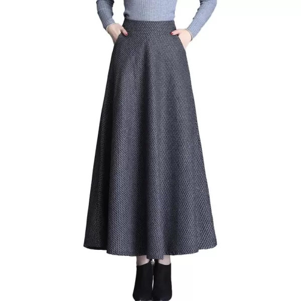IDEALSANXUN Long Wool Plaid Skirts for Women 2023 Fall Winter A Line Flared Maxi SkirtsDark Grey