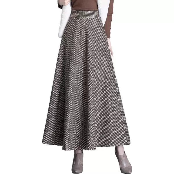 IDEALSANXUN Long Wool Plaid Skirts for Women 2023 Fall Winter A Line Flared Maxi SkirtsKhaki